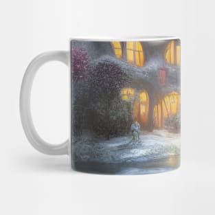 Magical Fantasy House with Lights in a Snowy Scene, Fantasy Cottagecore artwork Mug